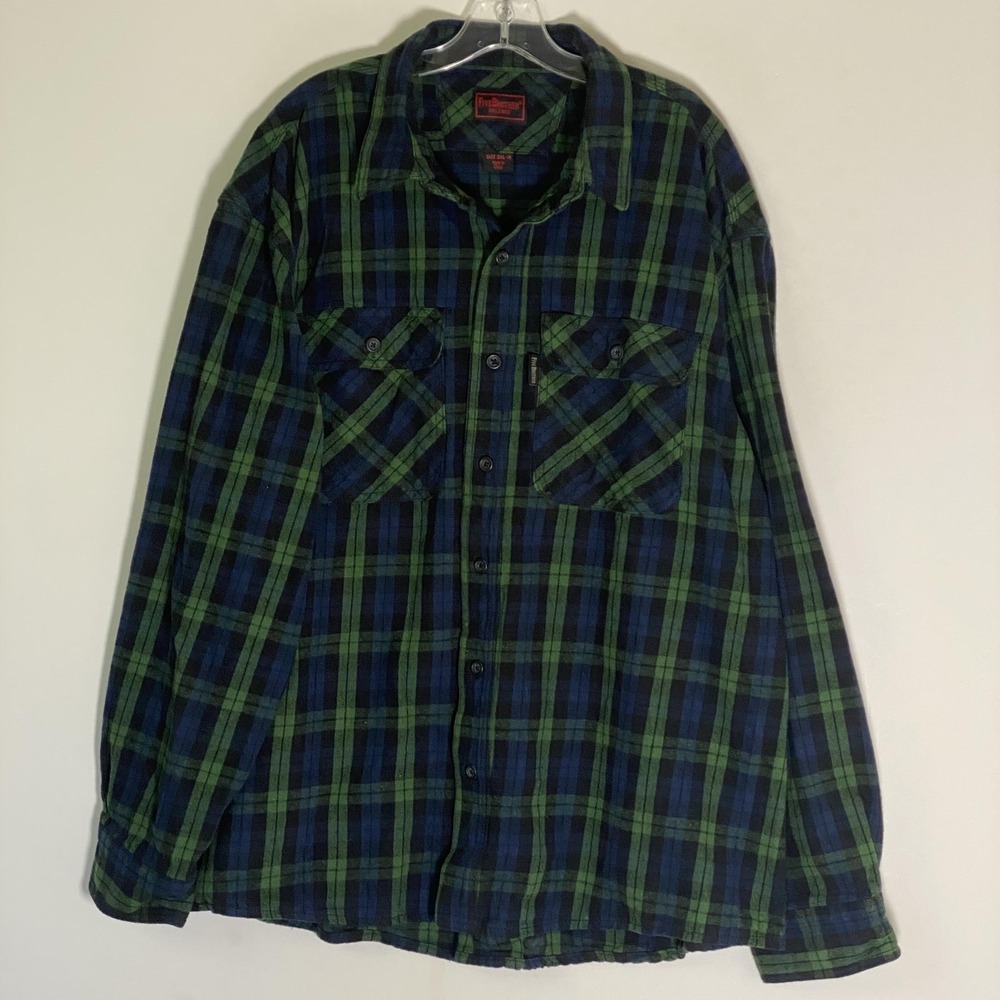 Vintage Five Brothers Shirt Mens 2XL Blue Green Plaid Flannel Button Up Workwear